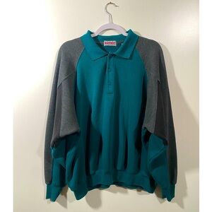 Vintage 90s Collared Henley Sweatshirt Size 1X Green, Gray, Black Batwing Sleeve